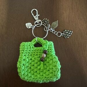 Green Crochet Keychain, Bag Clip with Charms..